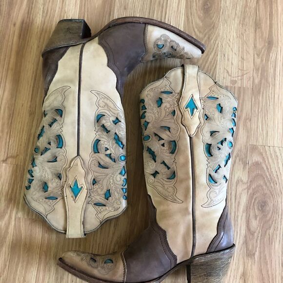 CORRAL VINTAGE Brown/Turquoise Laser Tool Leather C1620 - Picture 11 of 16